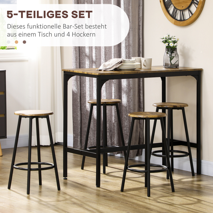 Набір кухонних меблів HOMCOM Bartisch Set 5-tlg: стіл та 4 барних стільці в індустріальному стилі, з рустикально-коричневим відтінком, металевий обідній набір для кухні та бару.