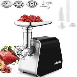 Електрична м'ясоподрібнювач з нержавіючої сталі, 2000W, з набором дисків та насадок для ковбас, чорний