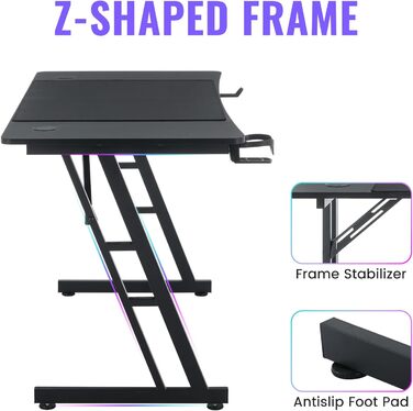 Ігровий стіл Kidsgigglz з LED-підсвічуванням, 120 x 60 см: ергономічний стіл для дому, офісу, кутовий комп'ютерний стіл з тримачем для напоїв та гачком для навушників (140 x 160 см - Z-подібна рама)