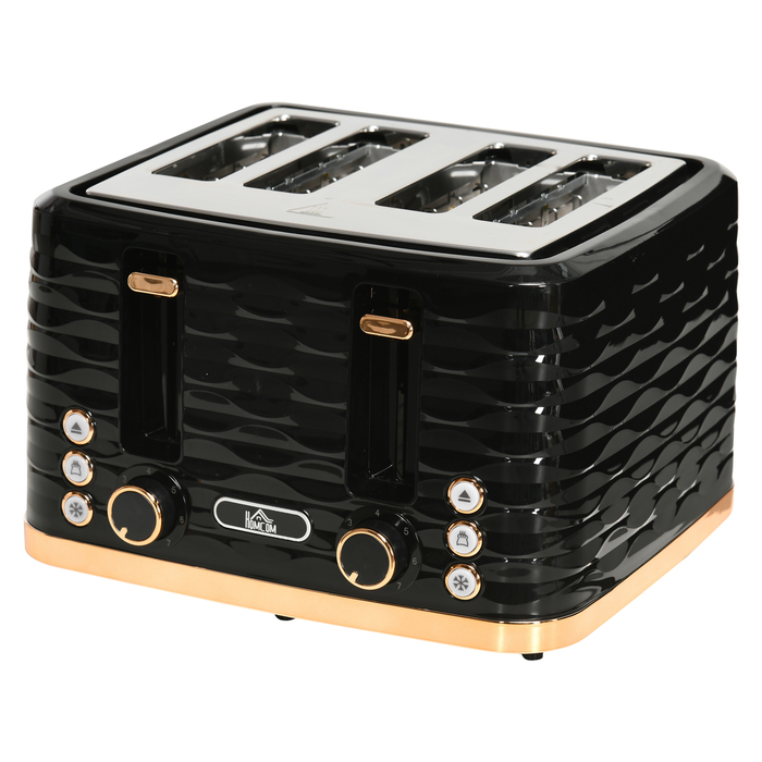 Тостер з 4-ма тостами, хвильовий дизайн, багатофункціональний, з піддоном для крихт, чорного кольору