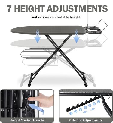 Прасувальна дошка KINGRACK, регульована по висоті в 7 напрямках, термостійка, протиковзка ніжка, з гачком для зберігання