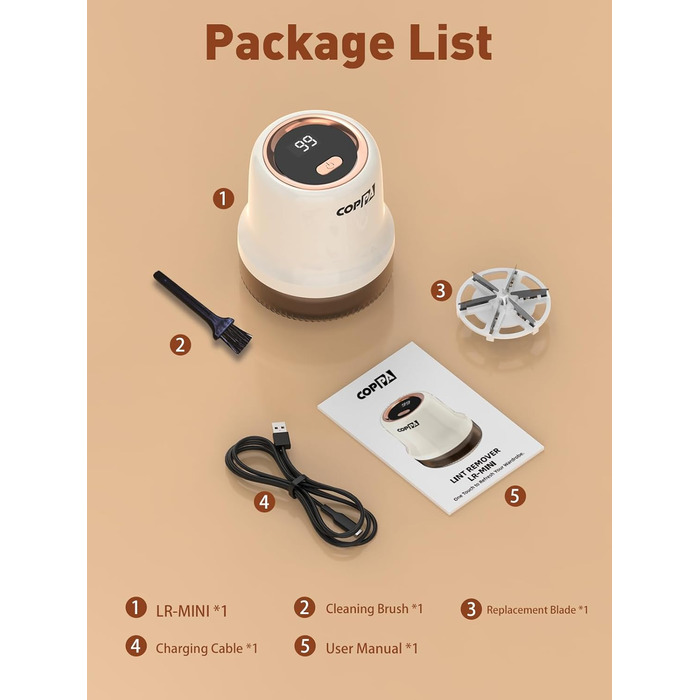 Електричний видальник ворсу для одягу та меблів COPPA з 6 лезами та індикатором заряду