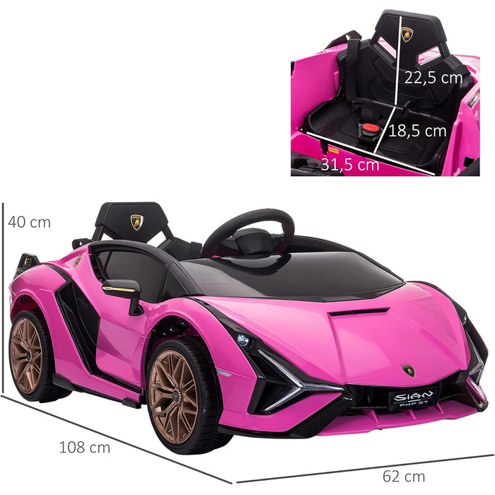 Дитячий електромобіль Lamborghini SIAN 12V з пультом, музикою, світлом, металевий, рожевий, для дітей 37-60 місяців, 108x62x40 см