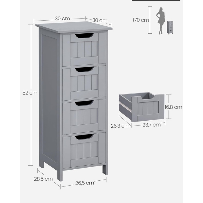 Шафка для ванної кімнати VASAGLE з 4 висувними ящиками, 30 x 30 x 82 см, білий колір, для ванної, вітальні, кухні, їдальні