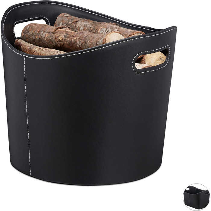 Чорний кошик для дров імітація шкіряний міцний кошик для дров з ручками, для дров і газет, овальний, 80 картон (L, одинарний)