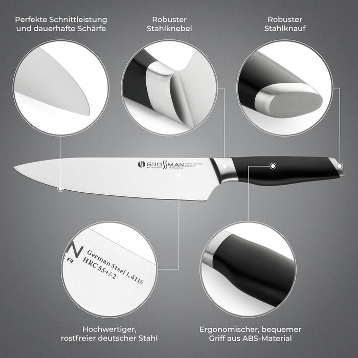 Набір кухонних ножів Grossman Dayton з чорними ручками – 5 предметів, нержавіюча сталь, тримач Elfenbein
