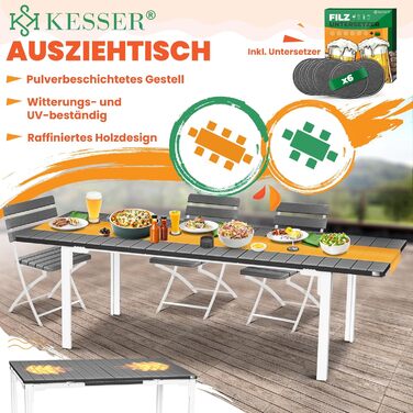 Розкладний садовий стіл KESSER® 180/240x90 см для 8 осіб. Стіл з розширенням, сталеве покриття, HDPE стільниця, стійкий до погодних умов та УФ-випромінювання. В комплекті 6 підставок з фетру (антрацит/білий).