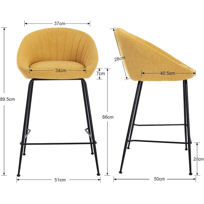 Набір з 2 барних стільців Chairus, жовті. Металевий каркас, льонова оббивка. Для кухні, дому, барної стійки.