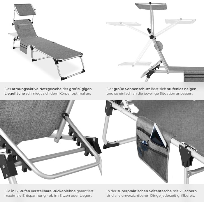 Шезлонг Tectake® з дахом, балконний шезлонг з алюмінію, складаний садовий шезлонг, стійкий до погодних умов, лежак для саду, кемпінгу та пляжу, регульована спинка, подушка для голови, бічна кишеня - сірий меланж