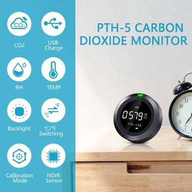 Вимірювач якості повітря Therm La Mode CF-30 з Smart-додаток: виявлення забруднювачів, пилу PM2.5/PM1.0, формальдегіду, CO2, температури, пилку. Великий LCD-дисплей