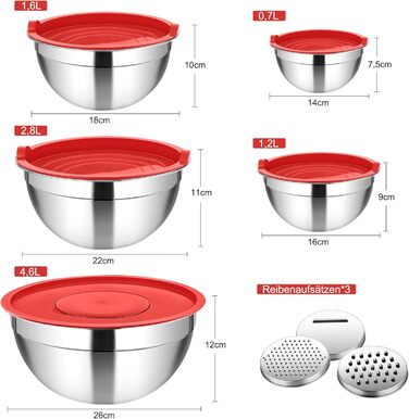 Набір мисок Homikit, 5 шт. з нержавіючої сталі, з кришкою та силіконовим дном, мультифункціональний, для салатів, 6.6L / 3.5L / 2.5L / 1.5L / 1L (червоний, з 3 тертками)