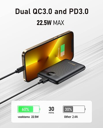 Для iPhone, Samsung, Xiaomi, Чорний, 22.5W Mini Power Bank 10000mAh USB C PD3.0 QC3.0