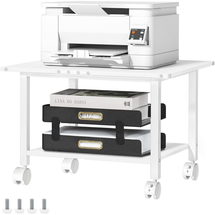 Стіл для принтера LELELINKY з колесами, мобільний двоярусний стійка для принтера, білий, 52.5 x 40 x 36 см