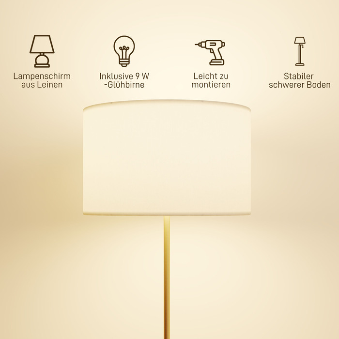 Лампа для читання HOMCOM з пультом дистанційного керування, регульована по висоті, тканинний абажур, металевий штатив, регульована яскравість, вимикач на підставці, золотистого кольору