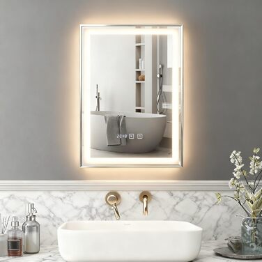 Дзеркало для ванної кімнати YOURLITE з підсвічуванням, 85x55 см, LED, сенсорне керування, 3 кольори світла, регулювання яскравості, антизапар, горизонтальне/вертикальне, IP44, білий (Silver-5070)