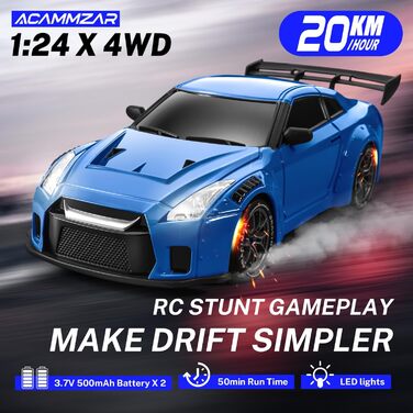 RC Drift Car ACAMMZAR 1:24, 4WD, 20 км/год, з LED підсвіткою, 2 акумулятори, для дітей від 4 років та дорослих - блакитний S815