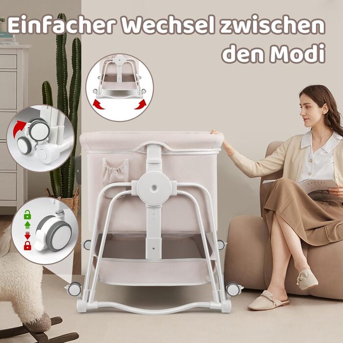 Дитяче ліжко-манеж 4 в 1 з регулюванням висоти, коліщата з фіксацією, комод, москітна сітка та матрац (біле)