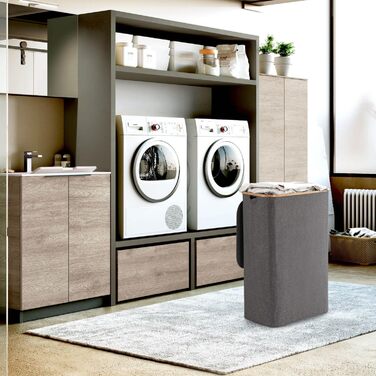 Кошик для білизни Rieeyrslza з кришкою, 158 л, бамбук, 2 мішки, Oxford, складний, сортувальник, для ковдр та одягу (сірий)