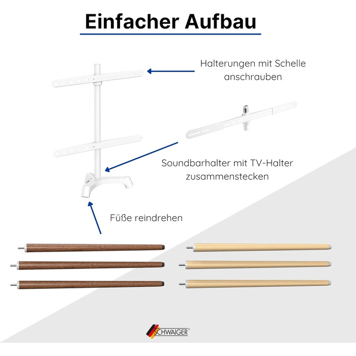 Підставка для телевізора Schwaiger 658200: дерев'яна стійка-монопод для телевізорів до 65 дюймів, до 35 кг, з кріпленням для саундбару, білий/бук, справжнє дерево, преміум-якість
