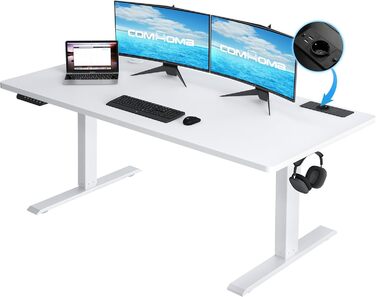 COMHOMA Стол для роботи з регулюванням висоти 160x70 см з USB-роз'ємом та гачками, електричний, для дому та офісу