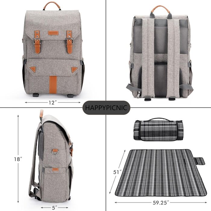Набір для пікніка HappyPicnic з ізольованим рюкзаком, зручними тримачами для пляшок та великим водонепроникним килимком (M) з повним сервізом
