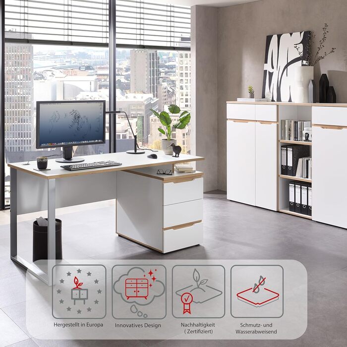 Роликовий контейнер Stella Trading Memphis – білий з імітацією дуба Artisan, 45 x 66 x 55 см – мобільний офісний шафчик з шухлядами