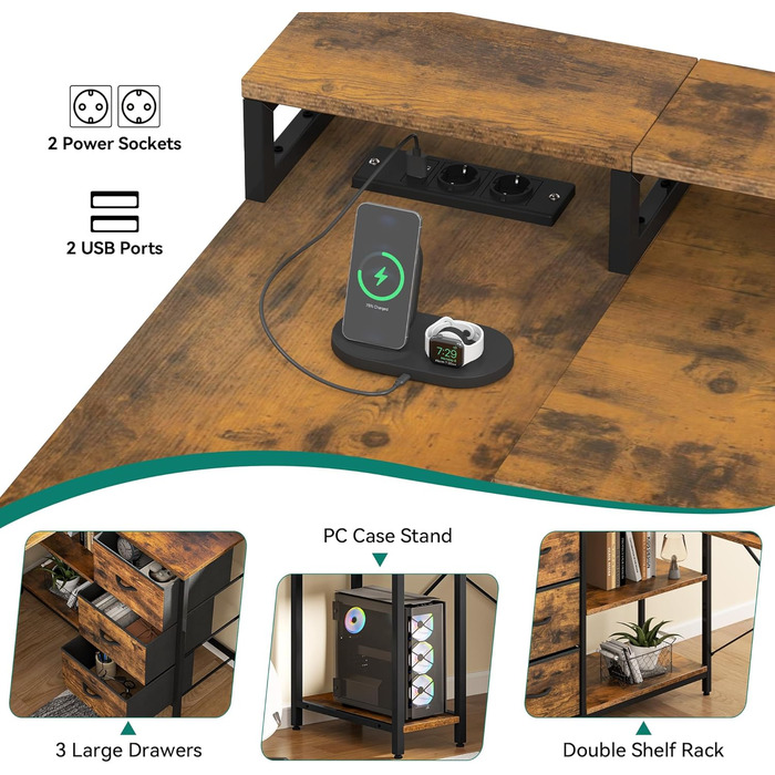 Стол YITAHOME L-подібний з USB-портом та розеткою, 140x100 см, 4 шухляди, полиця, для офісу, коричневий