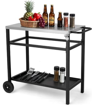 Гриль-вагон LEADZM - гриль-стіл для вулиці, 95 x 45 x 83 см, стіл з нержавіючої сталі срібного кольору, на колесах, мобільний, сервірувальний візок для садів, чорний, 95x45x83 см