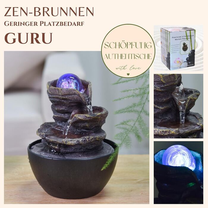 Фонтан для дому Zen'Light Zimmerbrunnen: розслаблення та медитація з LED-підсвіткою. Ідеально для вітальні, спальні, офісу. Компактний фонтан з закритим циклом, висота 18 см (Guru).