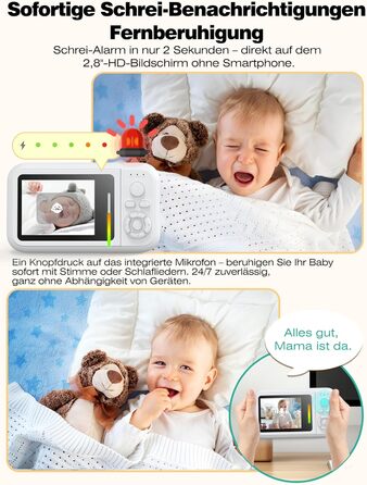 Відеоняня з камерою 1080P без Wi-Fi: монітор, тримач, кліпса для ліжечка, двосторонній звук, датчик температури, виявлення плачу, нічне бачення, 8 колискових, запис фото/відео, SD-карта в комплекті (біла)