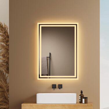 Дзеркало для ванної кімнати EMKE з підсвічуванням 120x60 см, тепле біле світло 3000K, вимикач, матовий бортик 2.70 x 50 см