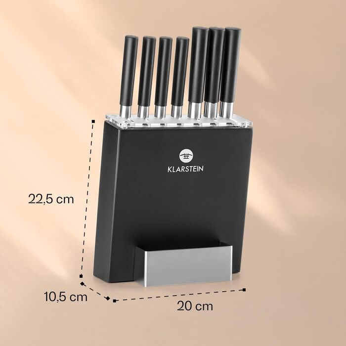 Набір ножів Klarstein Kitano, 8 предметів, з підставкою, преміум-якість, нержавіюча сталь, дерев'яна підставка, чорно-срібний