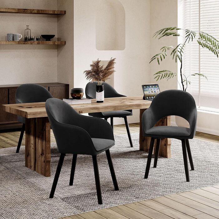 Набір з 6 кухонних стільців для їдальні з підлокітниками, бежевий, поліестер, дерев'яні ніжки