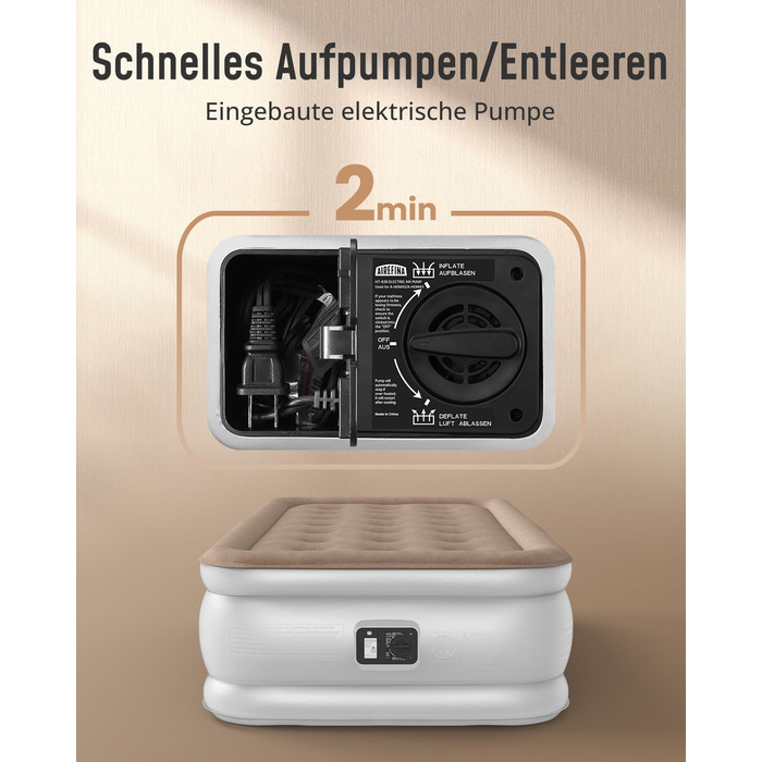 Надувне ліжко Airefina з самонадувною системою та інтегрованим насосом, 203 x 152 x 46 см (1 особа), для кемпінгу та дому