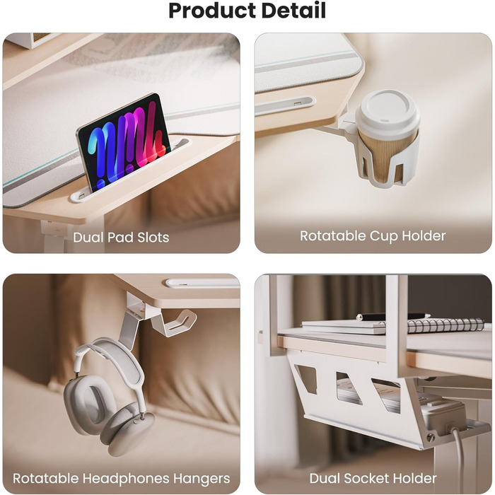 Ігровий стіл EUREKA ERGONOMIC 160x74 см з крилами, для ПК, з 2 відсіками для iPad, для дому, офісу, стрімінгу, білий акорн