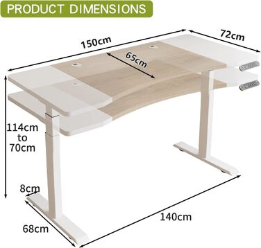 Електричний L-подібний стіл OCGREEN з регулюванням висоти 150x72CM, дуб, контроль пам'яті, з'єднувальна дошка