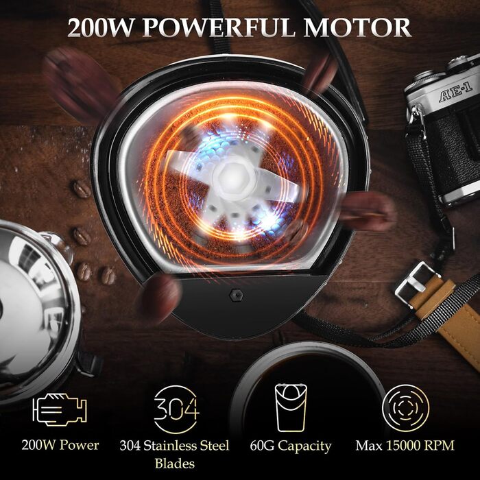 Кавомолка електрична Aigostar для кави, спецій та горіхів, нержавіюча сталь, 60г, 200 Вт, чорна (2 шт)