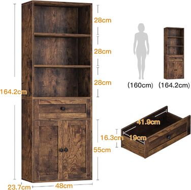 Стелаж Coleshome з дверцятами та шухлядами: 5 полиць, 48x24x164.2 см, для дому, офісу, вітальні, спальні (білий, рустикальний коричневий)