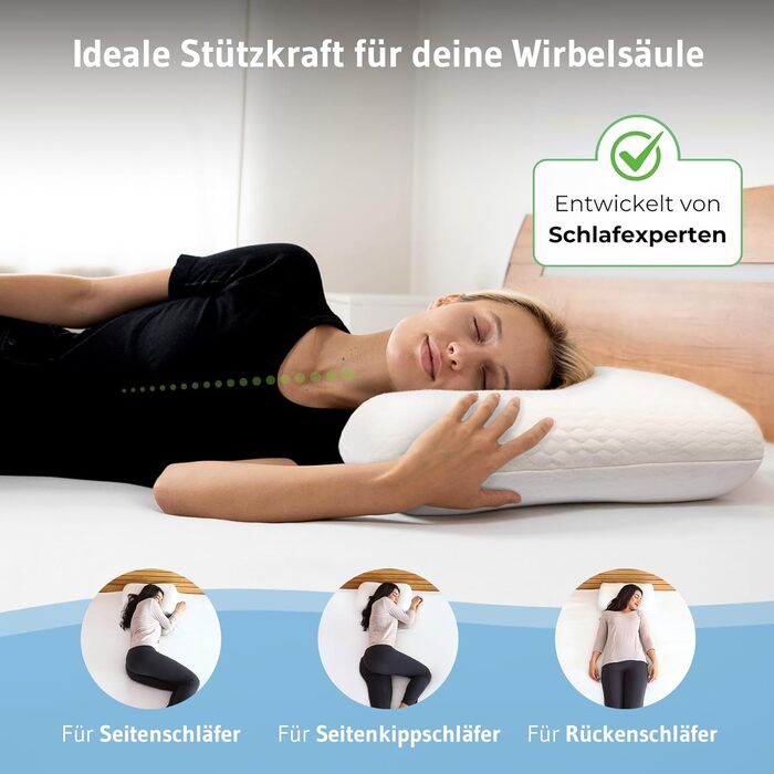 Ортопедична подушка Elora з Memory Foam, 40x60x12 см, для сну на боці та на спині, 100% органічна бавовна