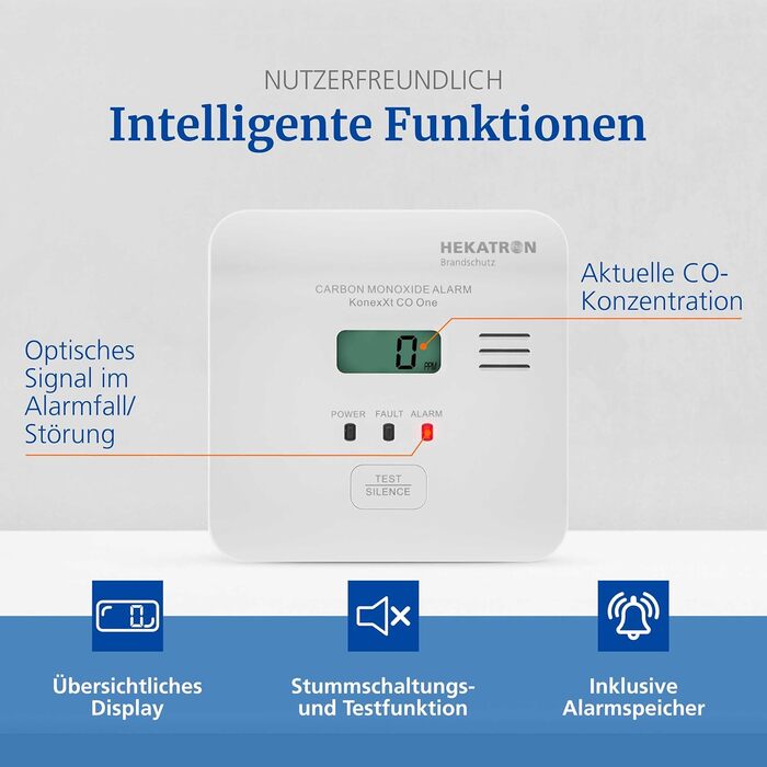 Датчик CO Hekatron KonexXt CO One з батареєю на 10 років – детектор чадного газу з дисплеєм та кнопкою тестування, проста установка