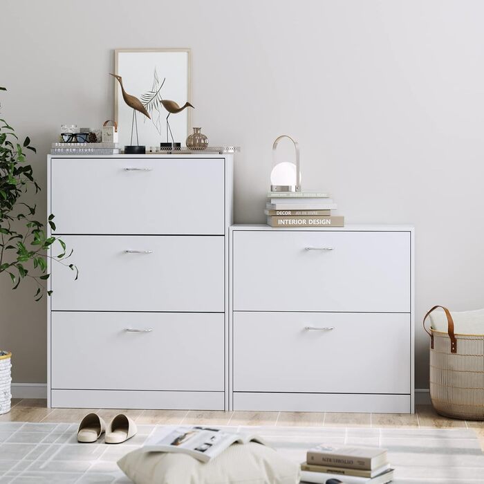 Вузька шафа для взуття FirFurd біла, з 3 відкидними ящиками, економна для 12-24 пар, висока комода для прихожей, коридору, входу. Дерев'яна шафа для взуття 110x80x23.5 см