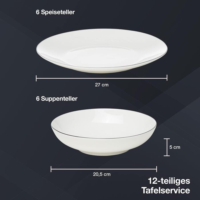 Набір посуду на 6 осіб, 18 предметів, білий з чорним обідком (Tafelservice). Включає: 6 тарілок для десерту, 6 кавових чашок, 6 підставок під кавові чашки.