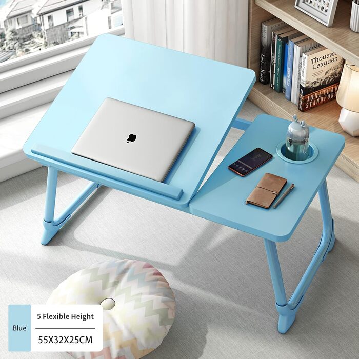 Стіл для ноутбука на ліжко з регульованими ніжками та тримачем для чашки, підставка для читання, стіл для сніданку на диван, ліжко, терасу, балкон (Білий, Синій)