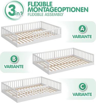 Ліжко дитяче CADANI Timi 2в1 Монтессорі 120x200 см з бортиками, ламелі, масив сосни, біле - 3 варіанти збірки, до 200 кг, регульоване