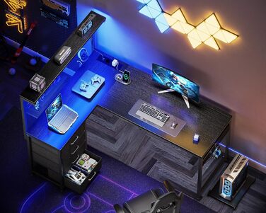 Ігровий стіл Coleshome з LED підсвіткою, 110x80 см: реверсивний, з шухлядами та розетками, кутовий стіл з полицею та місцем для зберігання