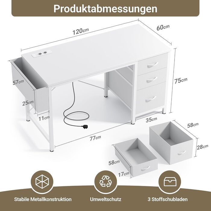 Комп'ютерний стіл Claiks з 3 висувними ящиками, 100x60 см, з розетками та USB, для дому та офісу