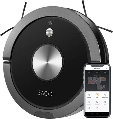 Робот-пилосос ZACO A9sPro з функцією миття підлоги, додаток і Alexa, 7.6 см плоский, карта кімнати, час роботи 2 години, тихий, чорний