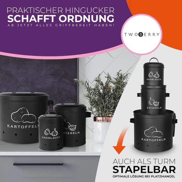 Набір контейнерів для зберігання картоплі, цибулі та часнику [3 шт] з овочечисткою, чорного кольору