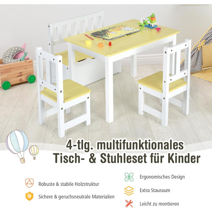 Дитяча меблева група COSTWAY з місцем для зберігання: стіл для малювання з 2 стільцями та лавка. Зроблено з екологічного дерева FSC, для дітей від 3 років (сірий/натуральний колір)