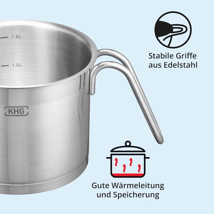 Каструля KHG 14 см з нержавіючої сталі, 1,5 л, індукційна, для всіх типів плит, з високим бортиком